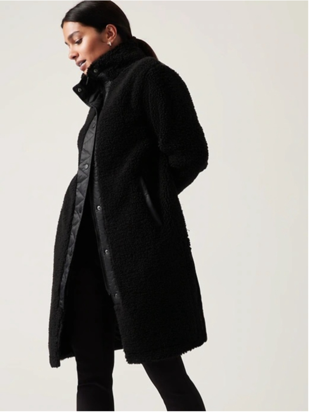 Athleta Cozy Day Hybrid Coat Black Teddy Coat with Quilted Snap Sherpa XXS
